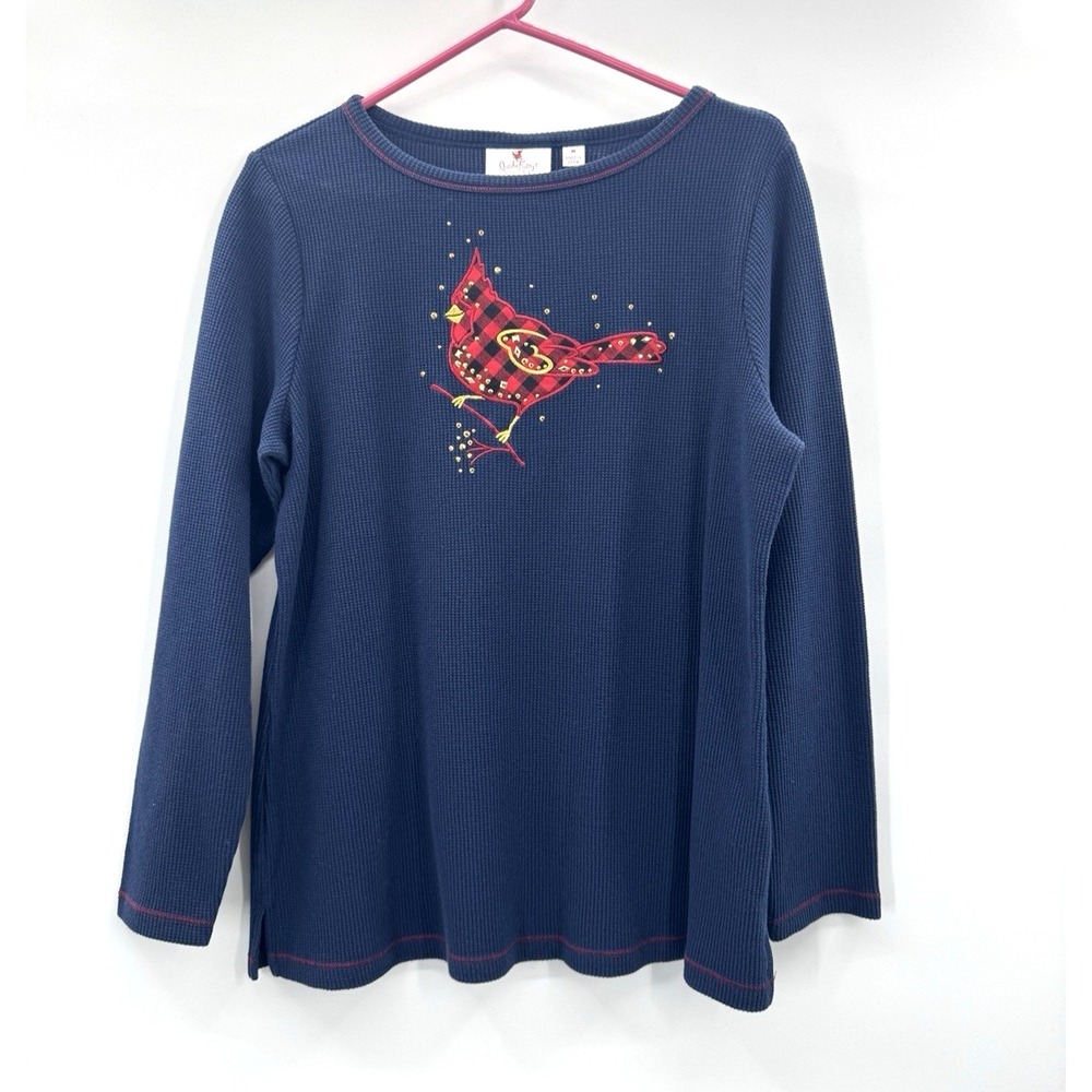 Quacker Factory Waffle Knit Top Plaid Cardinal Motif Novelty Bird Winter Studded